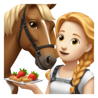 White teen girl with strawberry blonde hair giving a treat to a brown and white horse sticker