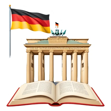 An icon featuring the Brandenburg Gate and the big flag of Germany, symbolizing the German language. The design includes an open book with German text representing language learning and German culture. Transparent background highlights the essence of German heritage. sticker