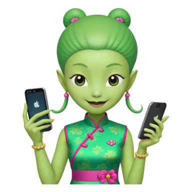 alien with chinese custome dress and smartphone sticker