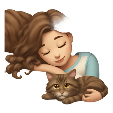 Brown-haired girl sleeping with her brown maine coon cat  sticker