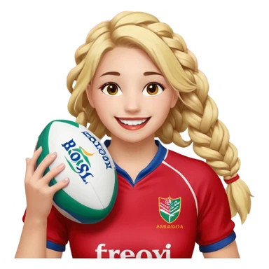 Chica de pelo rubio tirada en el suelo boca abajo agarrando un balón DE RUGBY con las manos vestida con una equipación de color rojo y blanco con líneas y con unas botas de tacos de fútbol, con un bucal en la boca y el pelo con trenzas, se la tienen que ver las 2 piernas y que sonría  sticker