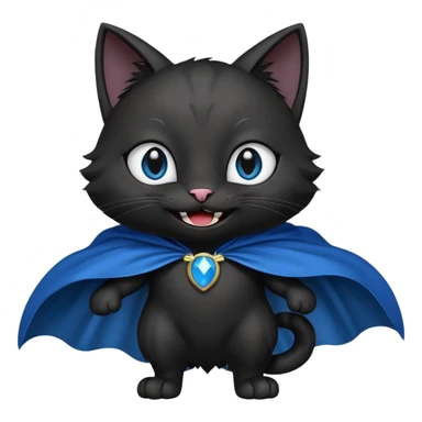 an all black anthropomorphic cat with blue eyes wears an all black cape and is smiling a mischievous sharp tooth grin sticker