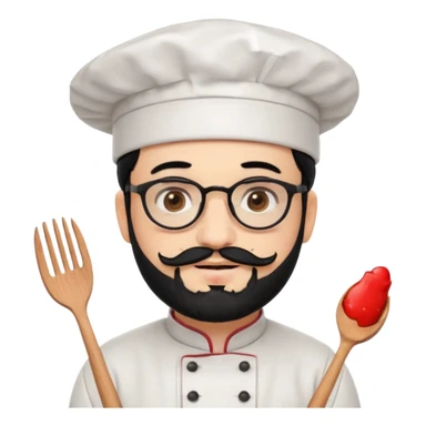 CHEF CON PIEL BLANCA, GORRO DE CHEF, PELO NEGRO Y BARBA NEGRA, OJOS MARRON OSCURO Y GAFAS DE PASTA NEGRAS. SONRIE Y TIENE MARCAS DE BESOS CON FORMA DE LABIOS EN LAS MEJILLAS (COMO MANCHAS DE PINTALABIOS) sticker