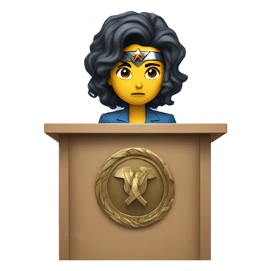 Gal godot wonder woman behind a podium giving a sad speech sticker
