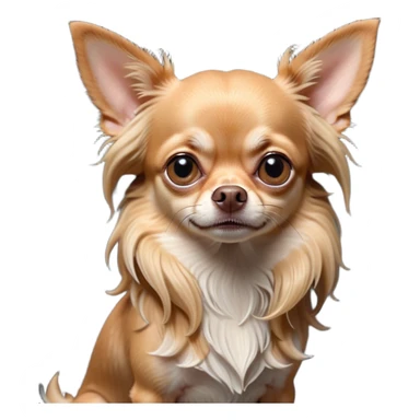 Cinematic Grumpy Long Haired Fawn Chihuahua Portrait Emoji, Head tilted slightly with a deeply unimpressed expression, thick, flowing fawn hair with natural highlights, large, droopy dark eyes narrowed into an unamused glare, ears slightly drooping in exasperation, Simplified yet comically expressive features, highly detailed, glowing with a dry, sarcastic glow, high shine, effortlessly judgmental yet dignified, stylized with a touch of cynicism, bright but brooding, soft glowing outline, capturing the essence of an eternally unimpressed yet endearing companion, so lifelike it feels like it could sigh heavily at you in disdain at any moment! sticker
