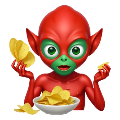 red alien eating chips sticker