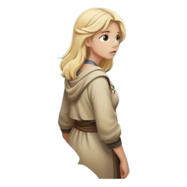 - the back of a blonde woman stands at a mountain crossroads with rocks , her back turned as she contemplates two trails—one illuminated,, and one shrouded in darkness, representing reaction. with hands on chest sticker