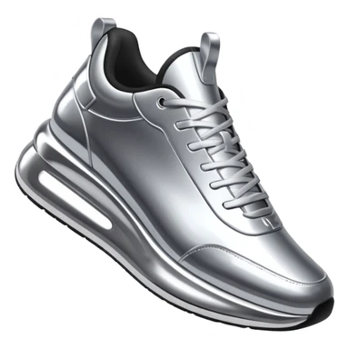 A pair of futuristic sneakers emoji made of silver chrome, sleek streetwear design, smooth metallic panels, subtle reflections, luxury swag aesthetic, iOS emoji style, centered, clean white background sticker