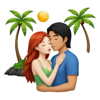long black haired asian guy kisses redhead girl on island sticker