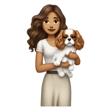 Pretty white brunette long wavy hair girl, holding a cute cavalier King Charles spaniel dog with short ears wavy fur sticker