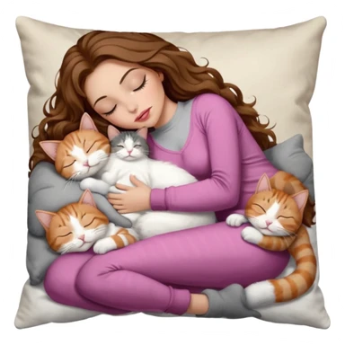 girl with long wavy brown hair, brown eyes, long lashes makeup, sexy pink lips, light to medium complexion,  sleeping on a cozy pillow, with 6 cats: 1 brown and white tabby cat, 1 ginger and white, 2 grey and white, 1 grey with white mittens and small white patch on chest and 1 calico, sleeping sticker