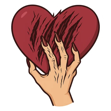 женская рука с маникюром вгоняет когти в винного цвета сердце и сильно раздирает царапает его (пальцы полусогнуты ногти вогнаны в царапины) рисованный стиль, ориентируйся на референсы по стилю и по уровню разодранности серца sticker