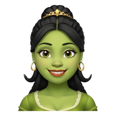 A beautiful girl Shrek, who has big eyelashes and had black hair. She has some makeup on too. She is dressed very very trendy. And she is smilingl. sticker