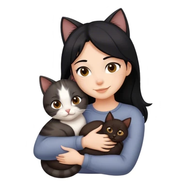 happy girl with black hair hugging three cats  (dark brown cat, full gray cat, brown calico cat) sticker