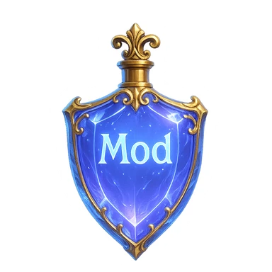 very luxurious crystal elixir bottle in shield shape, color #7986cb, with inscription 'Mod', lots of glow, edges, ornaments, golden details, magical effects, very small golden neck, transparent background, beautiful seamless bottom, bottle clearly floating in air, no base or shadow, modern, fits collection sticker