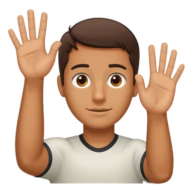 A guy with his left hand higher right lower left hand with a 6 on it right with a 7 sticker