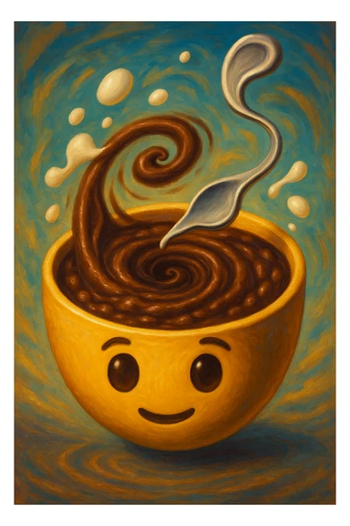 surreal emoji of champorado with spoon bending like Salvador Dalí, chocolate porridge swirling into a vortex, floating milk droplets, imaginative and dreamlike sticker