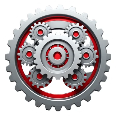 A 3D mechanical generator icon with interconnected gears, modern industrial style, red and gray color scheme, featuring:
- Multiple spinning gears in metallic gray
- Glowing red energy core in the center
- Subtle red light emissions between the gears
- Clean, technical aesthetic
- Smooth metallic textures
- Minimal shadows for depth
- Some gears slightly exposed outside the main frame
--ar 1:1
--style raw
--v 5.2
--no text
--c 15
--q 2 sticker