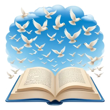 Icon for Poetry Reading: an open book with pages flying out, transforming into a large flock of small white birds soaring into the blue sky. The icon should evoke the freedom and beauty of poetic expression. Transparent background. sticker