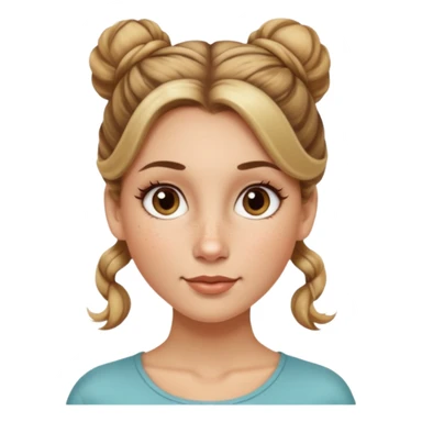 creative women with long dark Blond with highlights semi curly hair white women with hair in a top bun(one bun not two), oval shape face hazel eyes long lashes freckles on the nose high cheek bones sticker
