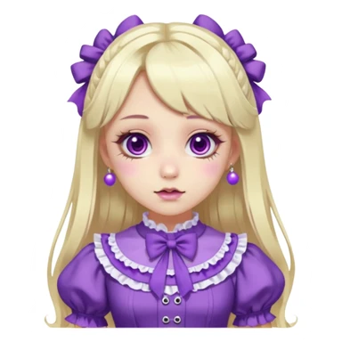 Ai pale girl , who has straight long length blonde and purple swirled hair , hazel eyes , and doll like makeup , with a septum piercing, nostril piercing, in a purple lolita hime gyaru dress emoji sticker