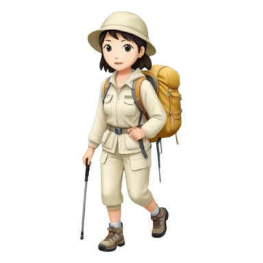 Full body japanese woman hiking on mountain trail cream clothes sticker