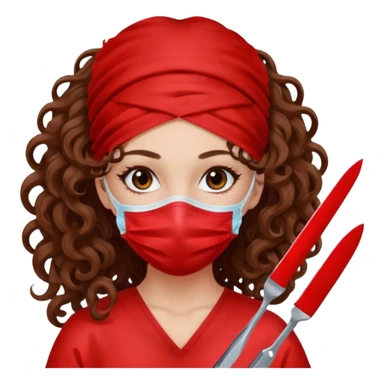 Lilith symbol seductress long curly hair evil surgeon.  brown hair. Red surgical mask and hair covering. She works for cartel and kills  with a scalpel. sticker