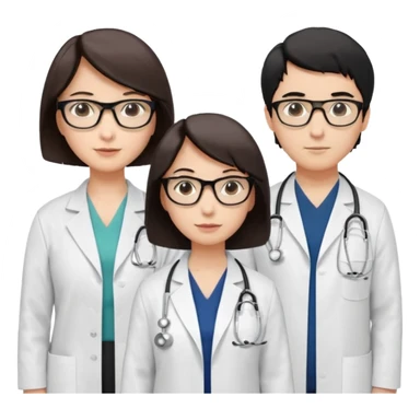 Create four doctors grouped together. Place a female doctor with dark brown short bob hair prominently in the front. Behind her, include:

a doctor with white hair wearing glasses,

a young male doctor with black hair and no glasses,

and a female doctor with black short bob hair wearing glasses. sticker