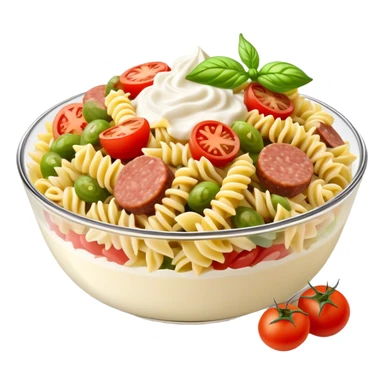 Fusilli pasta salad with chopped meat sausage, chopped gherkins, chopped cocktail tomatoes and mayonnaise, yoghurt sticker