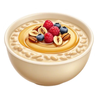 Cinematic creamy oatmeal, smooth texture with a swirl of honey on top, garnished with fresh berries and nuts, warm and comforting, cozy golden tones, rich and delicious. sticker
