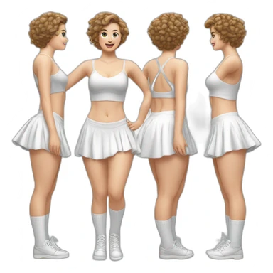 Hyperrealistic Full body Caucasian curvy beauty jumping short white skirt back and front views strong wind knickers long white socks sticker