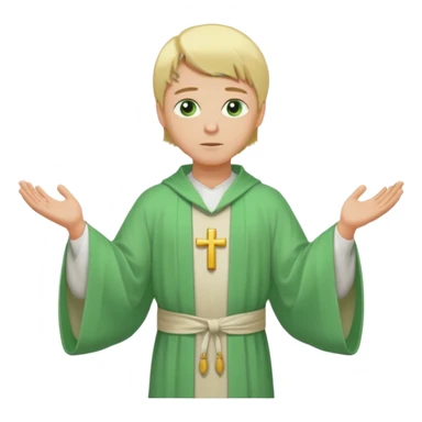a priest, green eyes, blonde hair, light green wide, flowing outer robe. opening arms, gazing thoughtfully. Soft light, subtle fern. Waist-up, profile. sticker