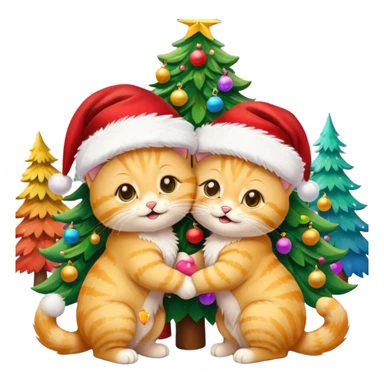 2 hazel eyed cute hugging smiling fluffy gold kittens with Santa hats by a colorful multicolored brightly lit up Christmas trees sticker