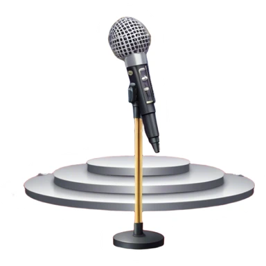 Create a glamorous and vibrant emoji that represents pop or stage vocal performance. The design should feature an empty stage with concert lighting. Include elements like an iconic stage microphone with a sparkling, rhinestone-studded microphone stand, set on a red carpet, a celebratory firework display in the background and a ribbon of musical notes flowing around the scene to symbolize the performance's energy. Use bright colors like gold, red, and silver to emphasize the excitement and glitz of the pop vocal world. The background should be transparent. sticker