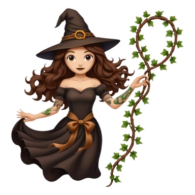 witch woman long wavy brown hair tattoos pulling vine ribbon slowly sticker