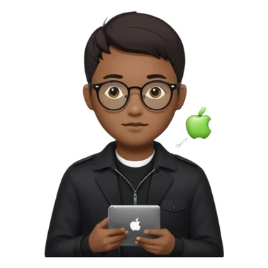a asia man guy his 20s wearing an apple notebook, wearing bodyguard radio operator, round glasses, blackclothes sticker