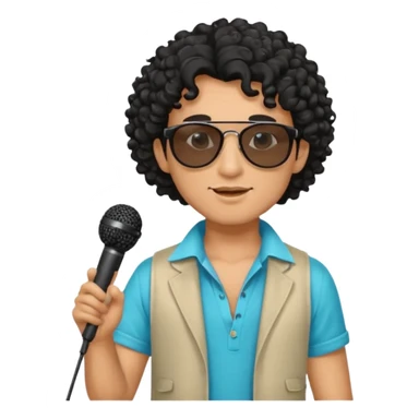 curly haired man with summer clothes and sun glasses holding microphone sticker