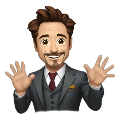 robert downey junior with a three piece suit and his hands strecthed wide open with attitude smile face sticker
