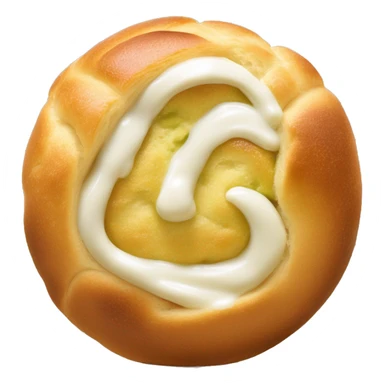 Petite boule de brioche ronde coupée en deux au milieux verticalement avec crème fouettée blanche au centre recouvert d’éclat de pistache  sticker