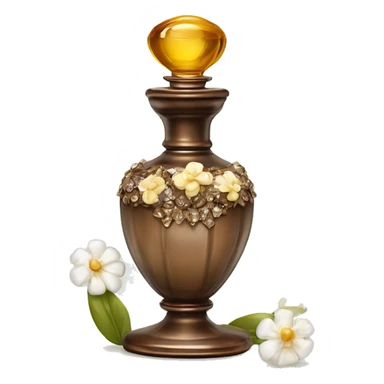 An antique perfume bottle with oil made of bronze and brown crystals, from which white cream and coffee milk flow, yellow flowers of fragrant vanilla lie next to it sticker