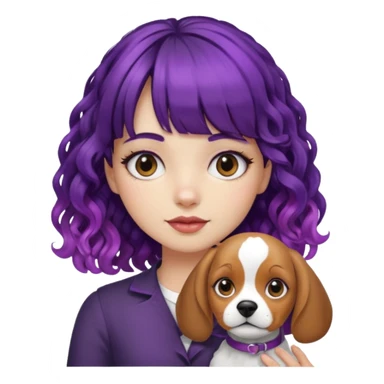 Girl with curly hair with purple roots and black ends and blunt bangs holding a beagle sticker