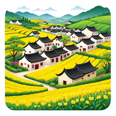 Wuyuan countryside spring flowers and traditional houses Jiangxi, simplified emoji style with bold outlines and bright colors, cartoon style rural village with yellow rapeseed flowers sticker