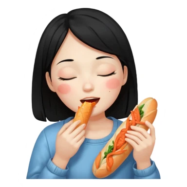 Girl black long hair eat kimchi close eyes baguette sticker