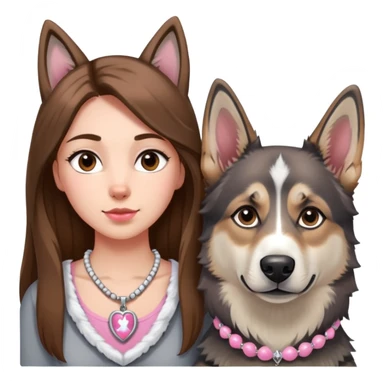 Girl with Brown long hair with husky white and grey and pink necklace for the husky and a german sheperd  sticker
