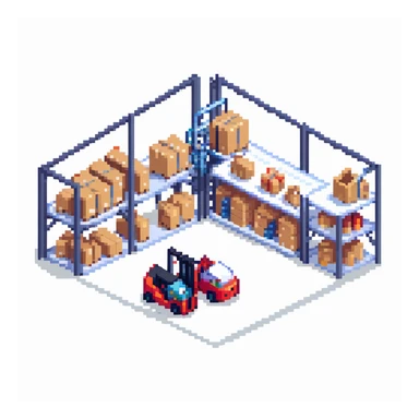 Single story warehouse in isometric perspective with forklift and storage racks sticker
