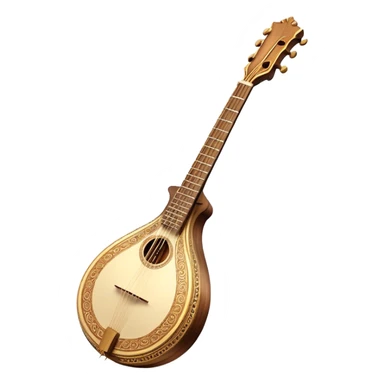 Bouzouki – Cinematic Realistic Bouzouki, depicted as a beautifully crafted Greek string instrument with a long neck and ornate fretwork, its polished wooden body reflecting warm golden light, set on a rustic background with soft shadows that evoke traditional Mediterranean music. sticker