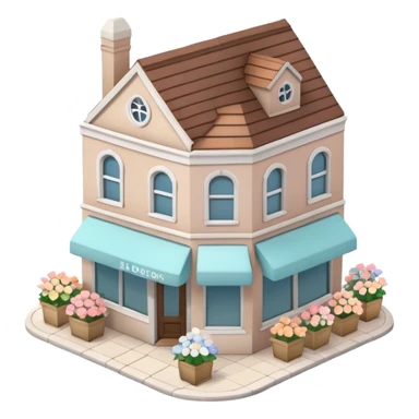 3D isometric exterior little beige and white corner flower shop with abundant pastel florals everywhere sticker