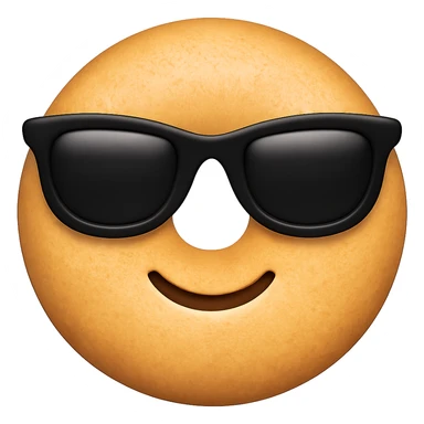 Make the dough a perfect circle with holes like a classic donut, add a textured surface, and use the same black sunglasses as the cool emoji on iPhone. Keep the background transparent. The style should resemble the iPhone emoji style with a clean and polished look. sticker