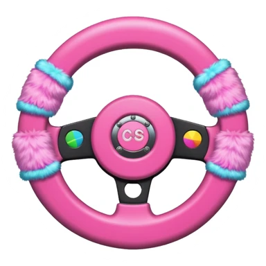 steering wheel with transgender pride flag colors and strifes , with fluffy pink handcuffs sticker