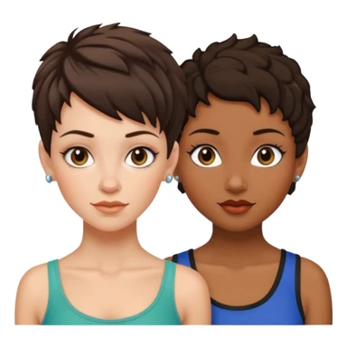 white woman brunette with a pixie hairstyle and black woman with locks and a piercing on the nose sticker